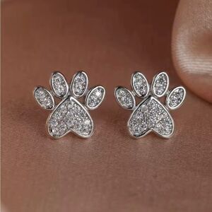 Silver Diamond Paw Print Stud Earrings